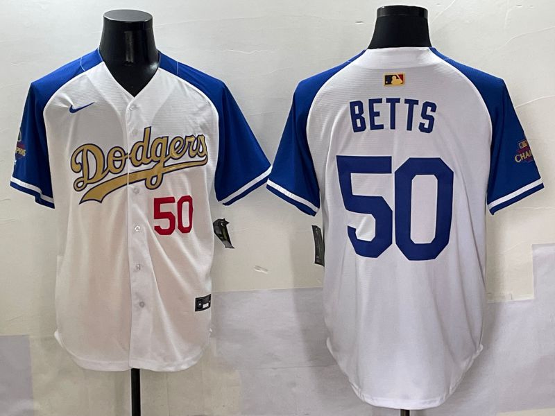 Men Los Angeles Dodgers #50 Betts White Blue Champion gold character Nike 2025 MLB Jersey style 5052